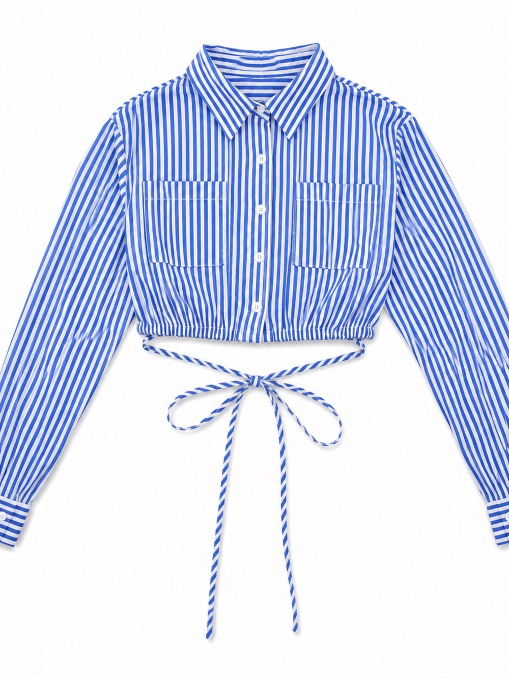 Blue & White Striped Cropped Button-Up Shirt Drawstring Waist Long Sleeve Top